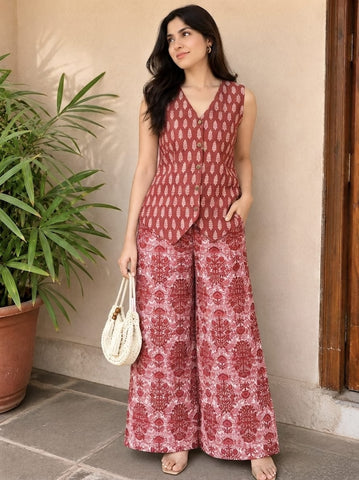 Block Printed Pure Cotton Waist coat with Plazo