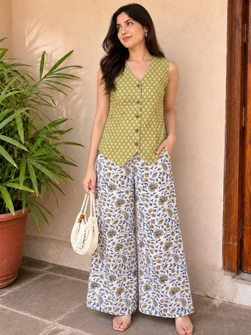 Block Printed Pure Cotton Waist coat with Plazo