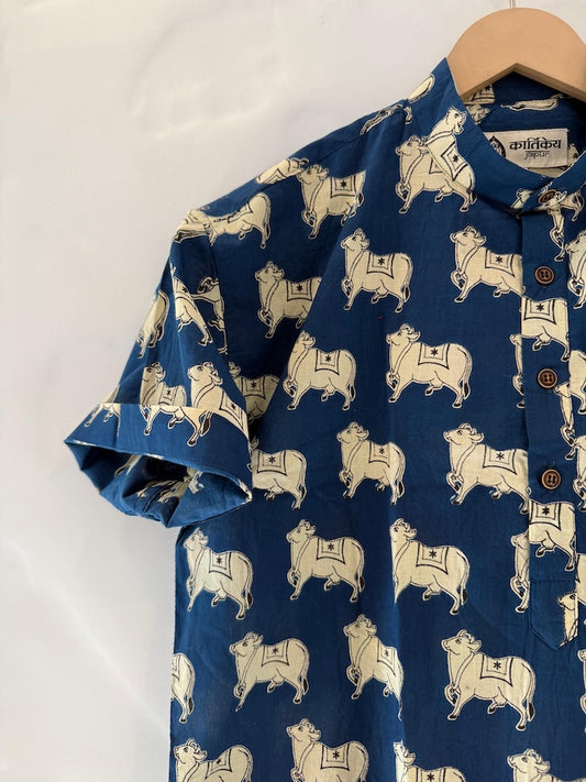 Classic Holy Cow Print Half Sleeve Cotton Short Kurta for Men
