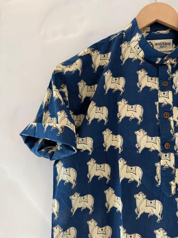 Classic Holy Cow Print Half Sleeve Cotton Short Kurta for Men
