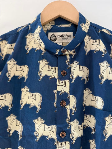 Classic Holy Cow Print Half Sleeve Cotton Short Kurta for Men