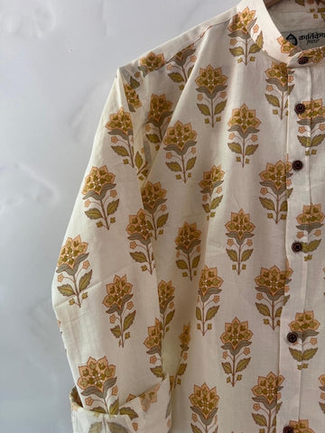 Floral Print Mandarin Collar Cotton Shirt for Men