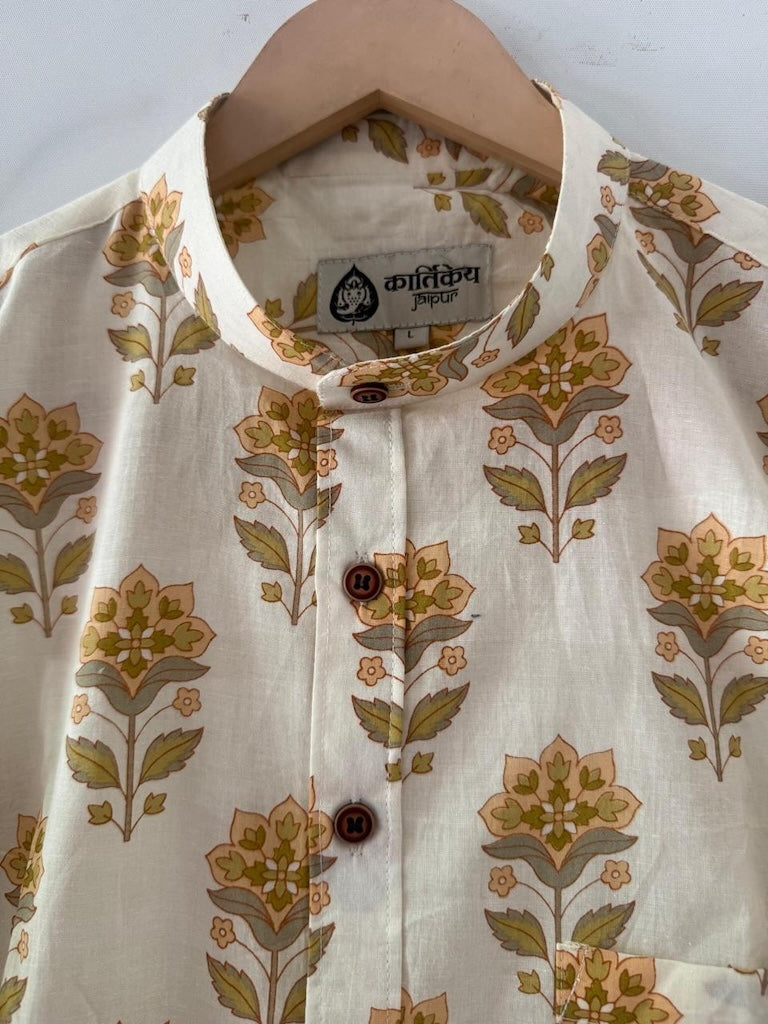 Floral Print Mandarin Collar Cotton Shirt for Men