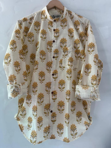 Floral Print Mandarin Collar Cotton Shirt for Men