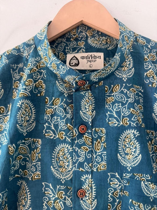 Kalamkari Print Mandarin Collar Cotton Shirt for Men