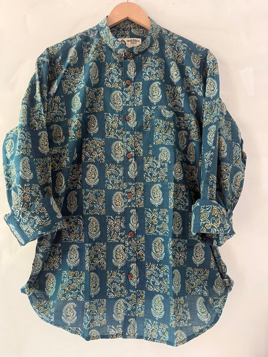 Kalamkari Print Mandarin Collar Cotton Shirt for Men