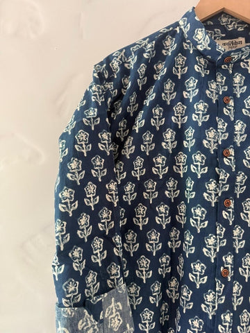 Sanganeri Print Mandarin Collar Cotton Shirt for Men