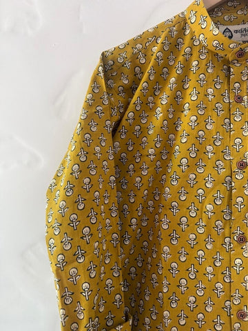 Haldi Print Mandarin Collar Cotton Shirt for Men - Festive Edit