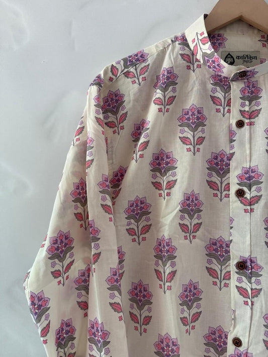 Floral Print Mandarin Collar Cotton Shirt for Men