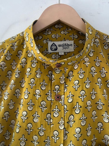 Haldi Print Mandarin Collar Cotton Shirt for Men - Festive Edit