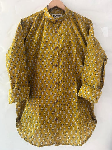 Haldi Print Mandarin Collar Cotton Shirt for Men - Festive Edit