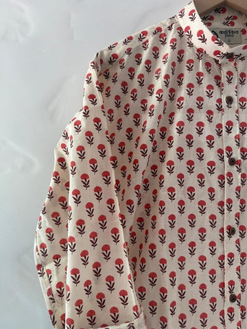 Small Floral Print Mandarin Collar Cotton Shirt for Men