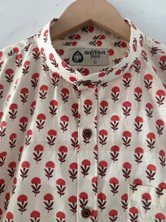 Small Floral Print Mandarin Collar Cotton Shirt for Men