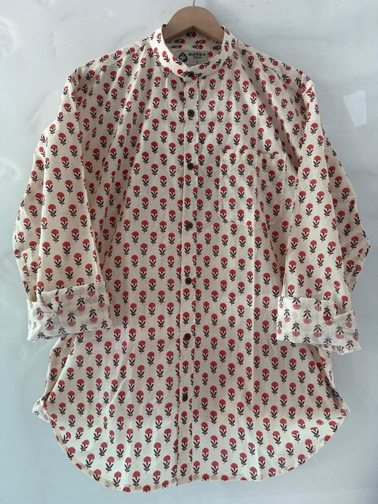 Small Floral Print Mandarin Collar Cotton Shirt for Men