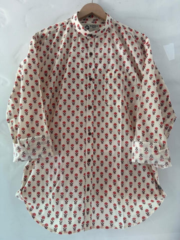 Small Floral Print Mandarin Collar Cotton Shirt for Men