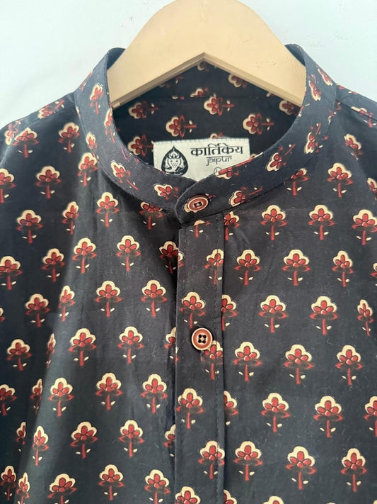 Ajrakh Print Mandarin Collar Cotton Shirt for Men