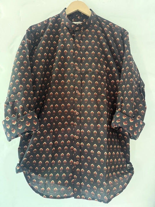 Ajrakh Print Mandarin Collar Cotton Shirt for Men
