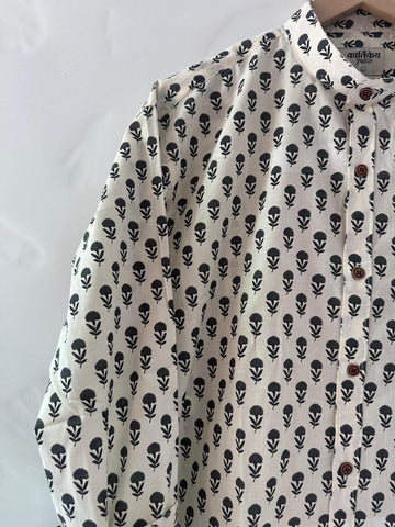 Small Floral Print Mandarin Collar Cotton Shirt for Men