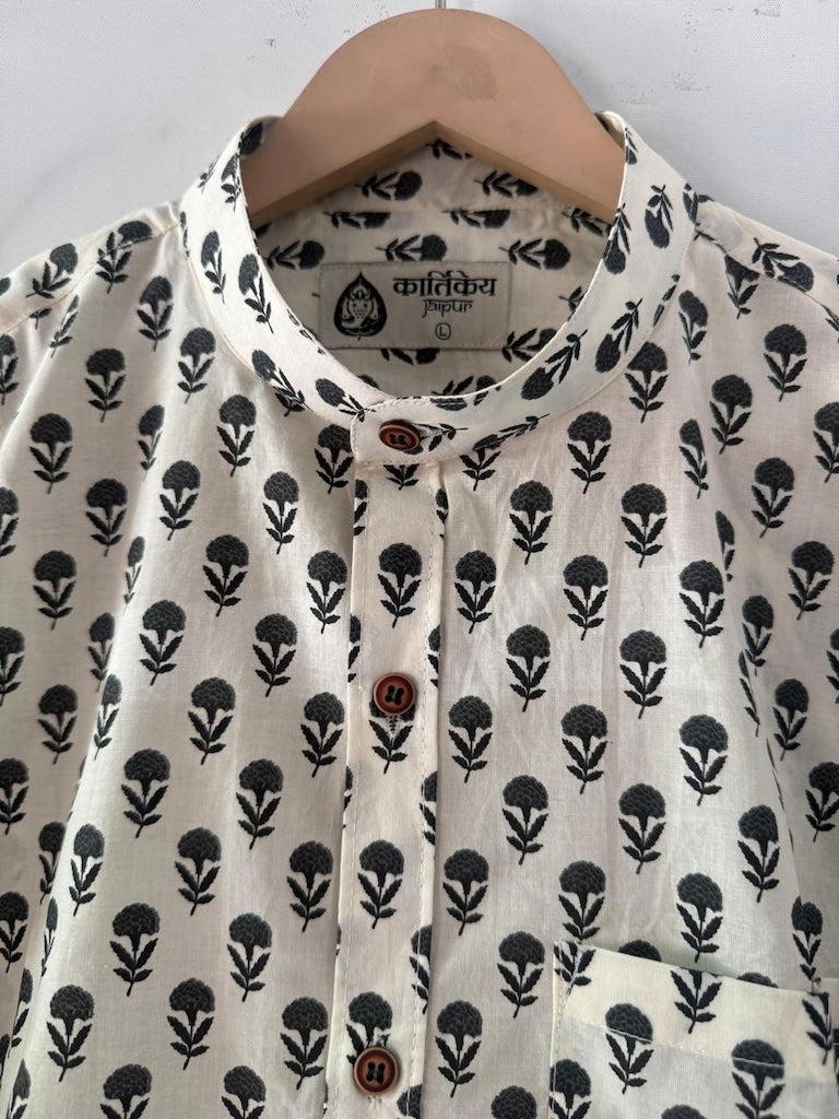Small Floral Print Mandarin Collar Cotton Shirt for Men