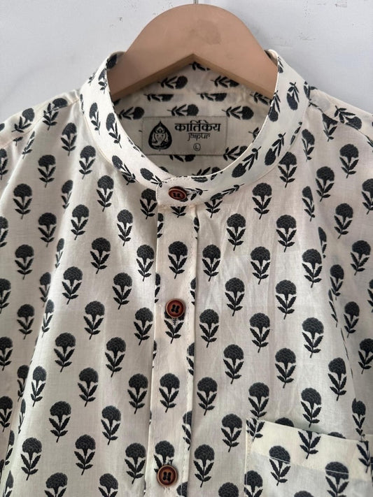 Small Floral Print Mandarin Collar Cotton Shirt for Men