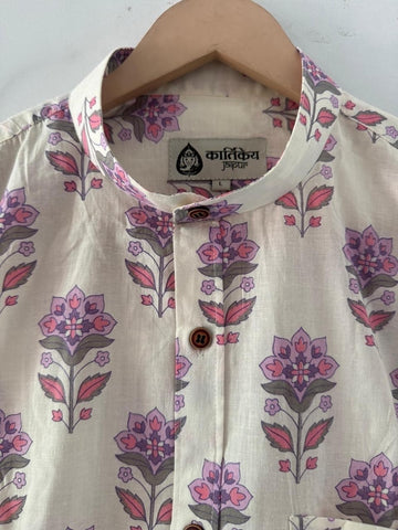 Floral Print Mandarin Collar Cotton Shirt for Men