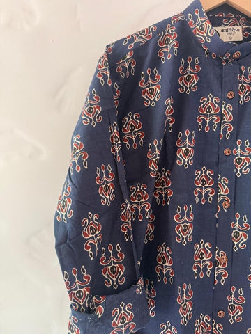 Ajrakh Print Mandarin Collar Cotton Shirt for Men