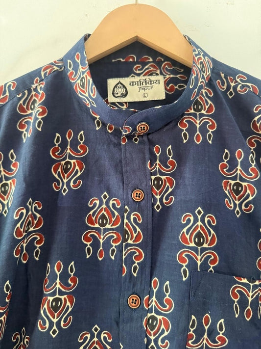 Ajrakh Print Mandarin Collar Cotton Shirt for Men
