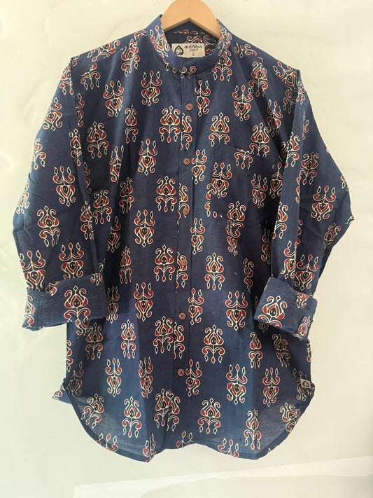 Ajrakh Print Mandarin Collar Cotton Shirt for Men