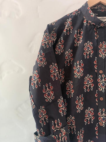 Ajrakh Print Mandarin Collar Cotton Shirt for Men - Black