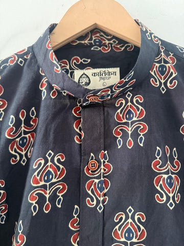 Ajrakh Print Mandarin Collar Cotton Shirt for Men - Black