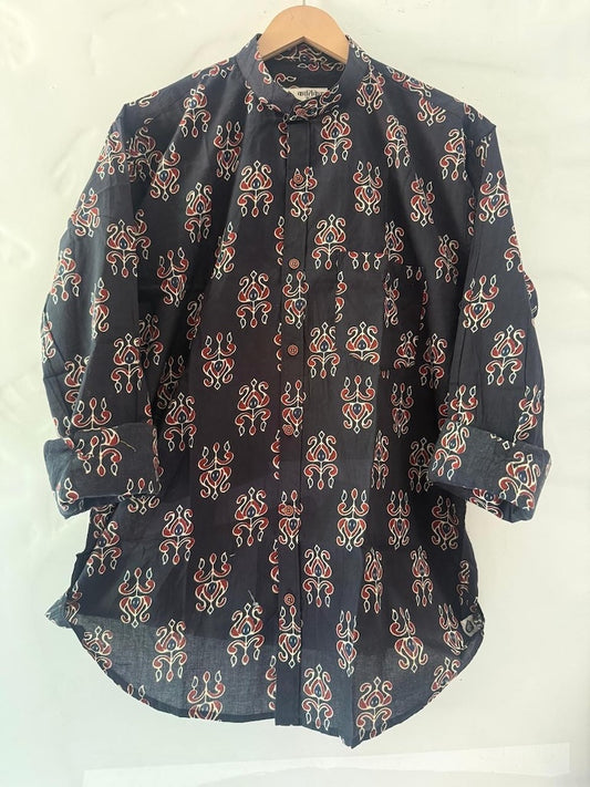 Ajrakh Print Mandarin Collar Cotton Shirt for Men - Black