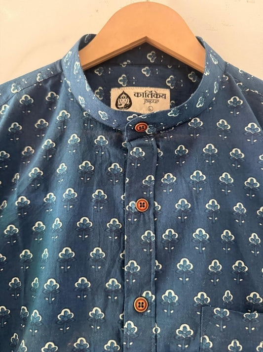 Ajrakh Print Mandarin Collar Cotton Shirt for Men