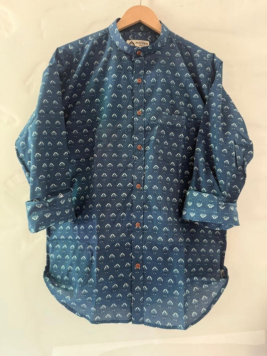 Ajrakh Print Mandarin Collar Cotton Shirt for Men