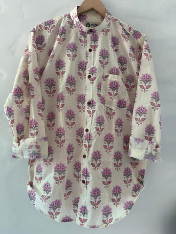Floral Print Mandarin Collar Cotton Shirt for Men