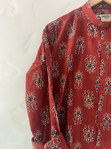 Ajrakh Print Mandarin Collar Cotton Shirt for Men