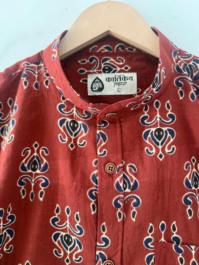 Ajrakh Print Mandarin Collar Cotton Shirt for Men