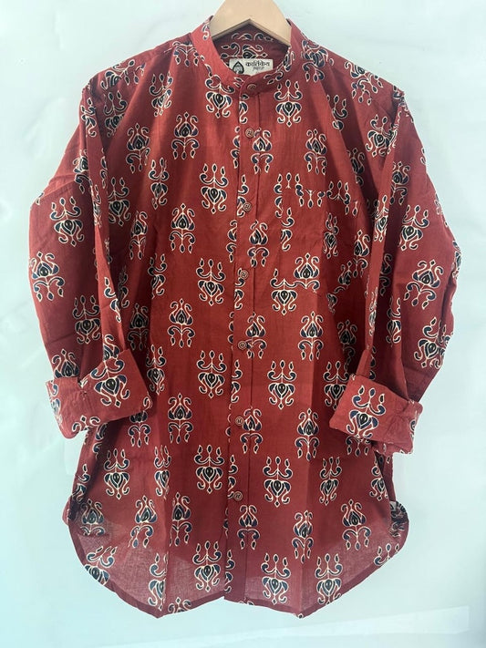 Ajrakh Print Mandarin Collar Cotton Shirt for Men