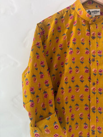Haldi Print Mandarin Collar Cotton Shirt for Men
