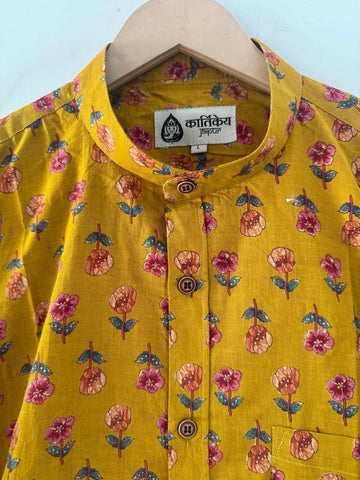 Haldi Print Mandarin Collar Cotton Shirt for Men