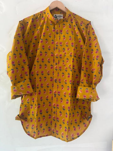 Haldi Print Mandarin Collar Cotton Shirt for Men
