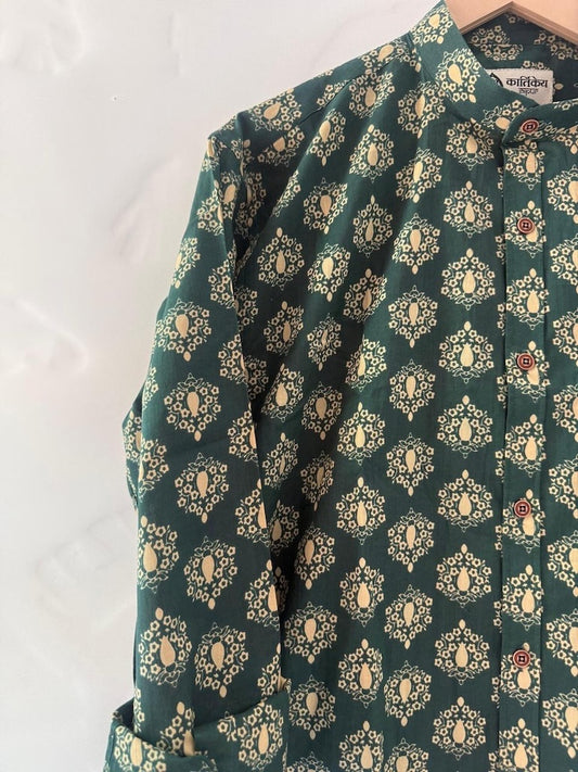 Floral Print Mandarin Collar Cotton Shirt for Men
