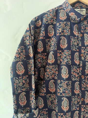 Floral Print Mandarin Collar Cotton Shirt for Men