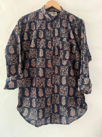 Floral Print Mandarin Collar Cotton Shirt for Men