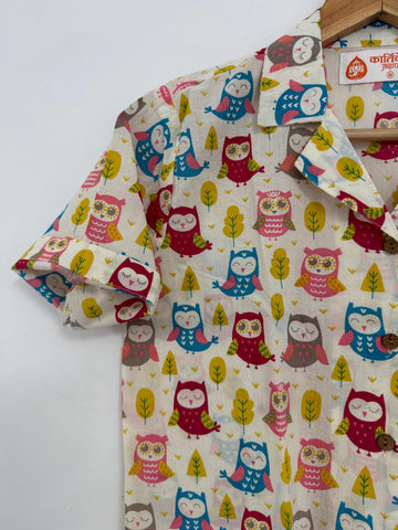 Cute Owl Print Crop Shirt for Women