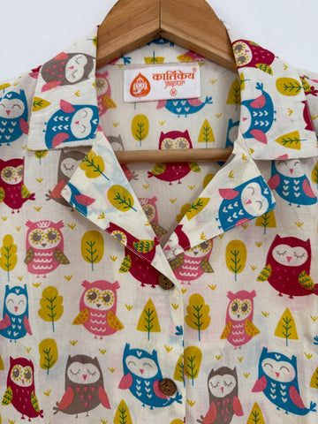 Cute Owl Print Crop Shirt for Women