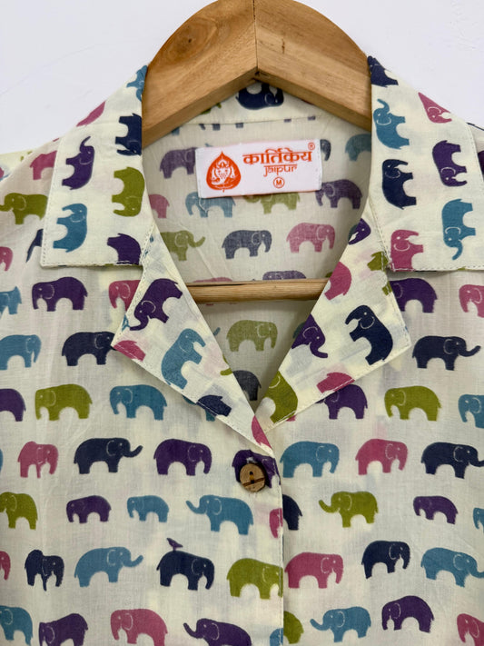Cute Elephant Print Cotton Crop Shirt for Women