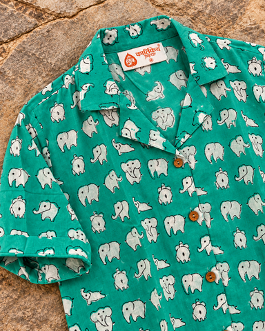 Cute Elephant Block Print Crop Cotton Shirt for Women