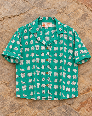 Cute Elephant Block Print Crop Cotton Shirt for Women