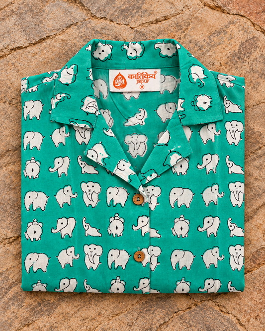 Cute Elephant Block Print Crop Cotton Shirt for Women