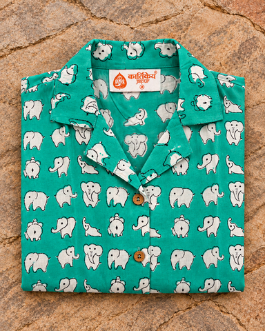 Cute Elephant Block Print Crop Cotton Shirt for Women